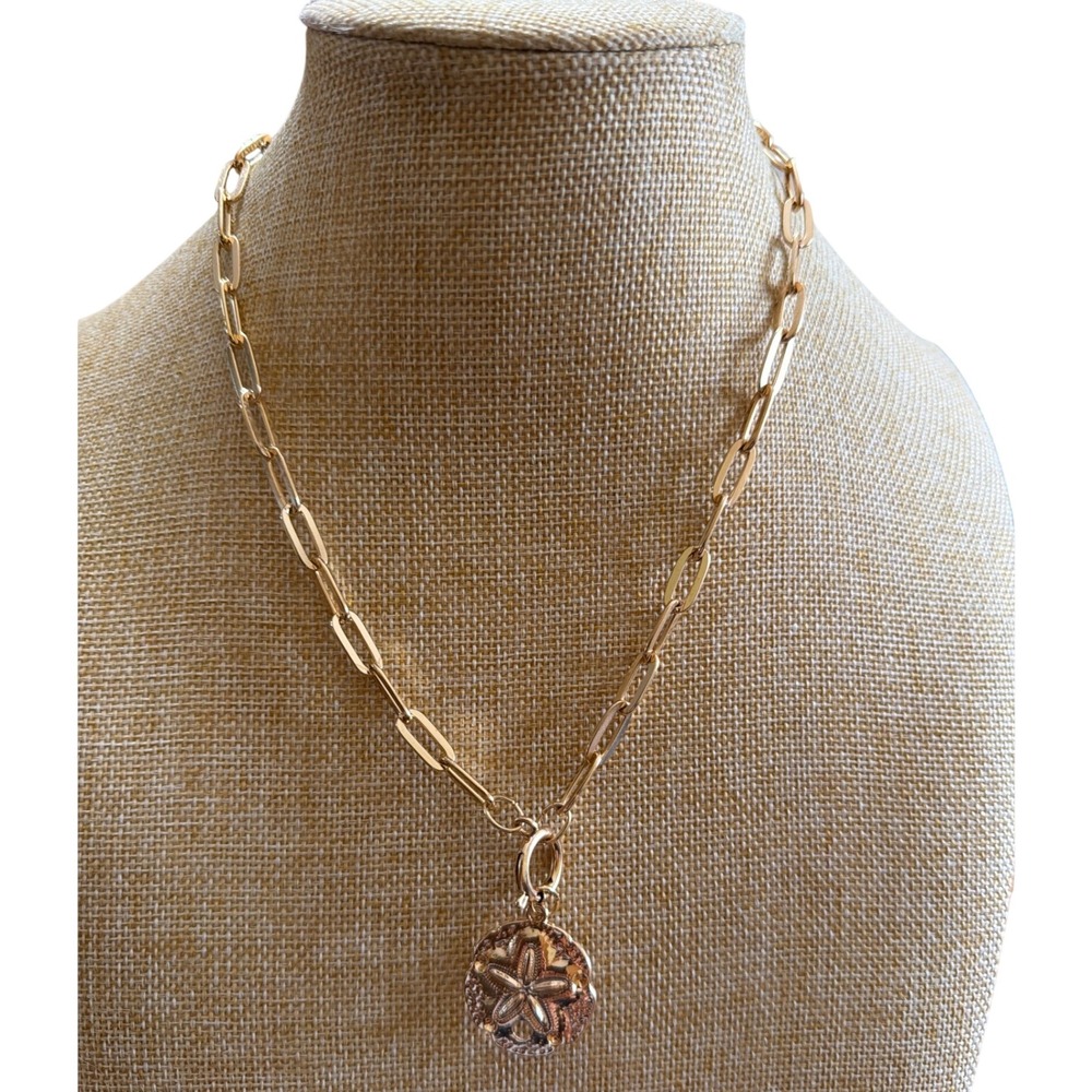 Gold Tone Paperclip Chain Sand Dollar Necklace Coastal‎ Beach Resort